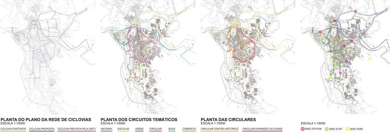 Plantas com os circuitos e infraestruturas da Rede Ciclável de Torres Vedras.